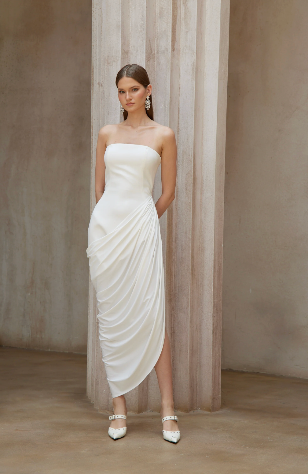 Ana White Ruched Midi Dress