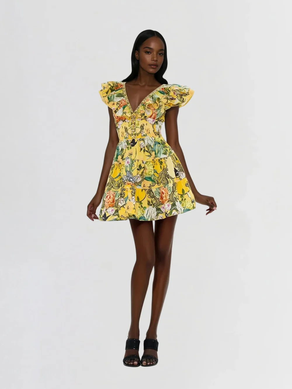 Carolyn V Neck Ruffle Printed Mini Dress
