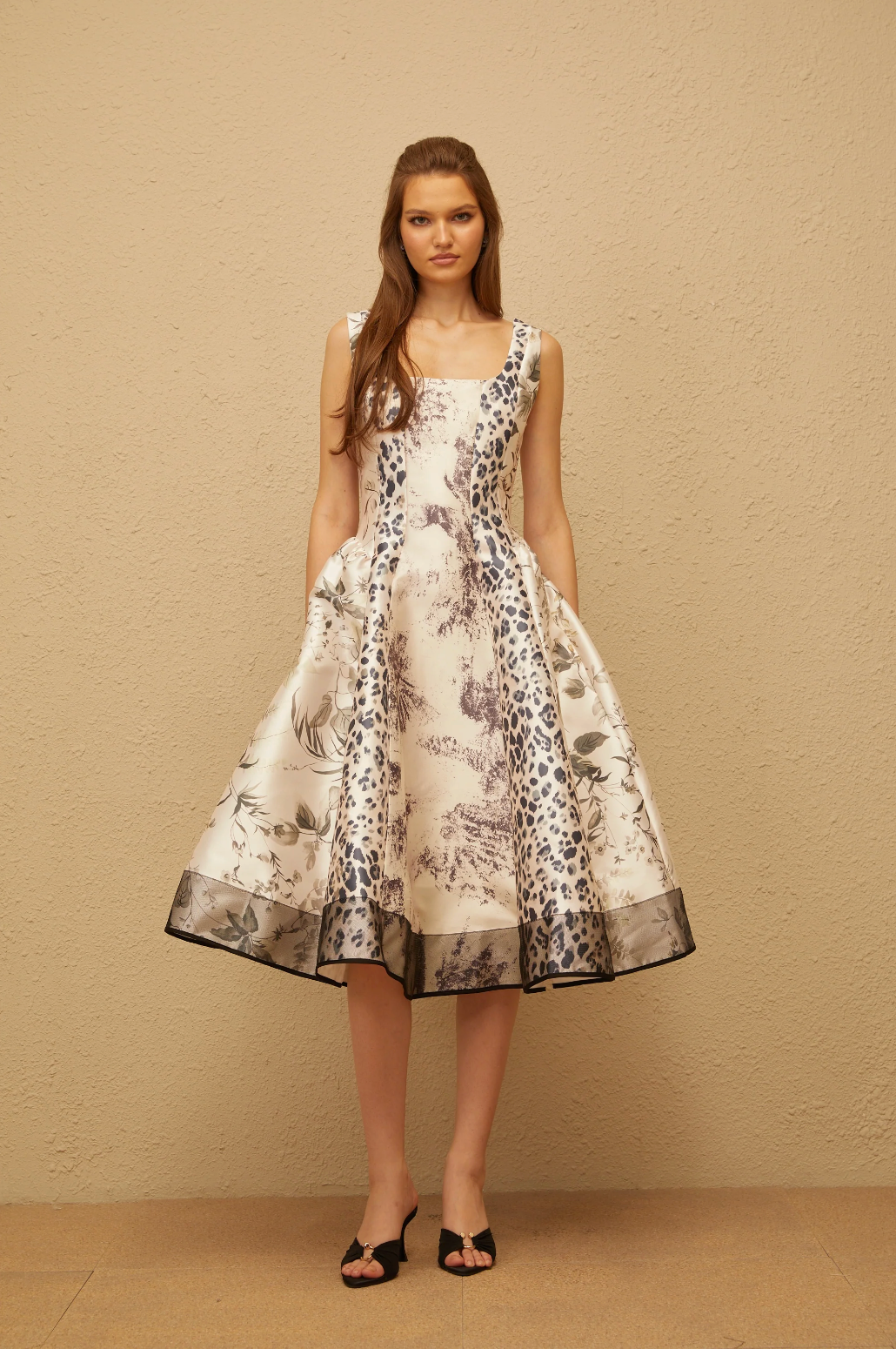 Jasmine Neutral Graphic Print Midi Dress