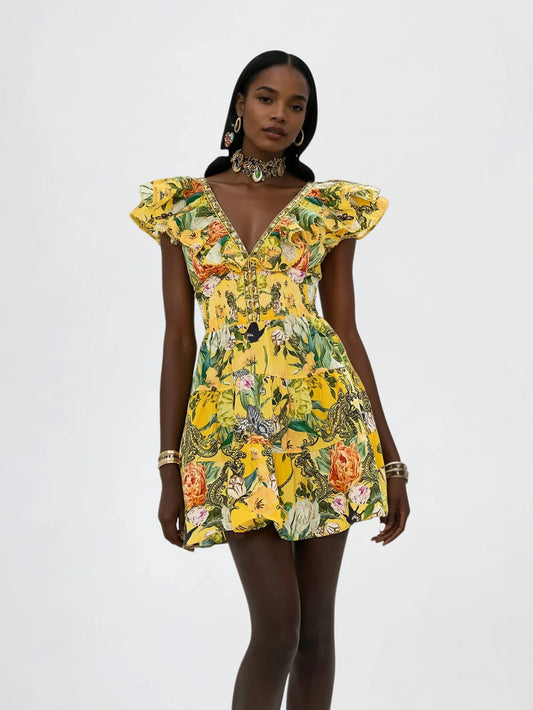 Carolyn V Neck Ruffle Printed Mini Dress