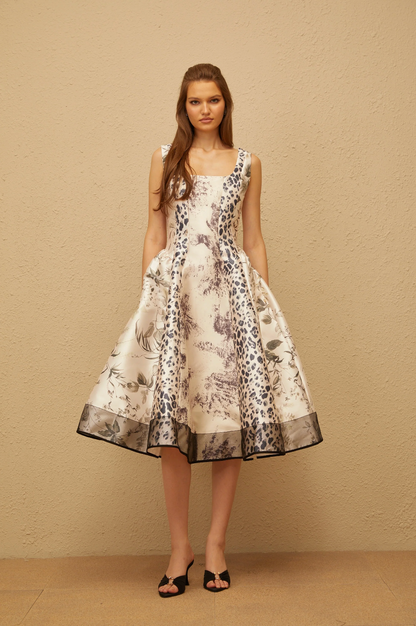 Jasmine Neutral Graphic Print Midi Dress