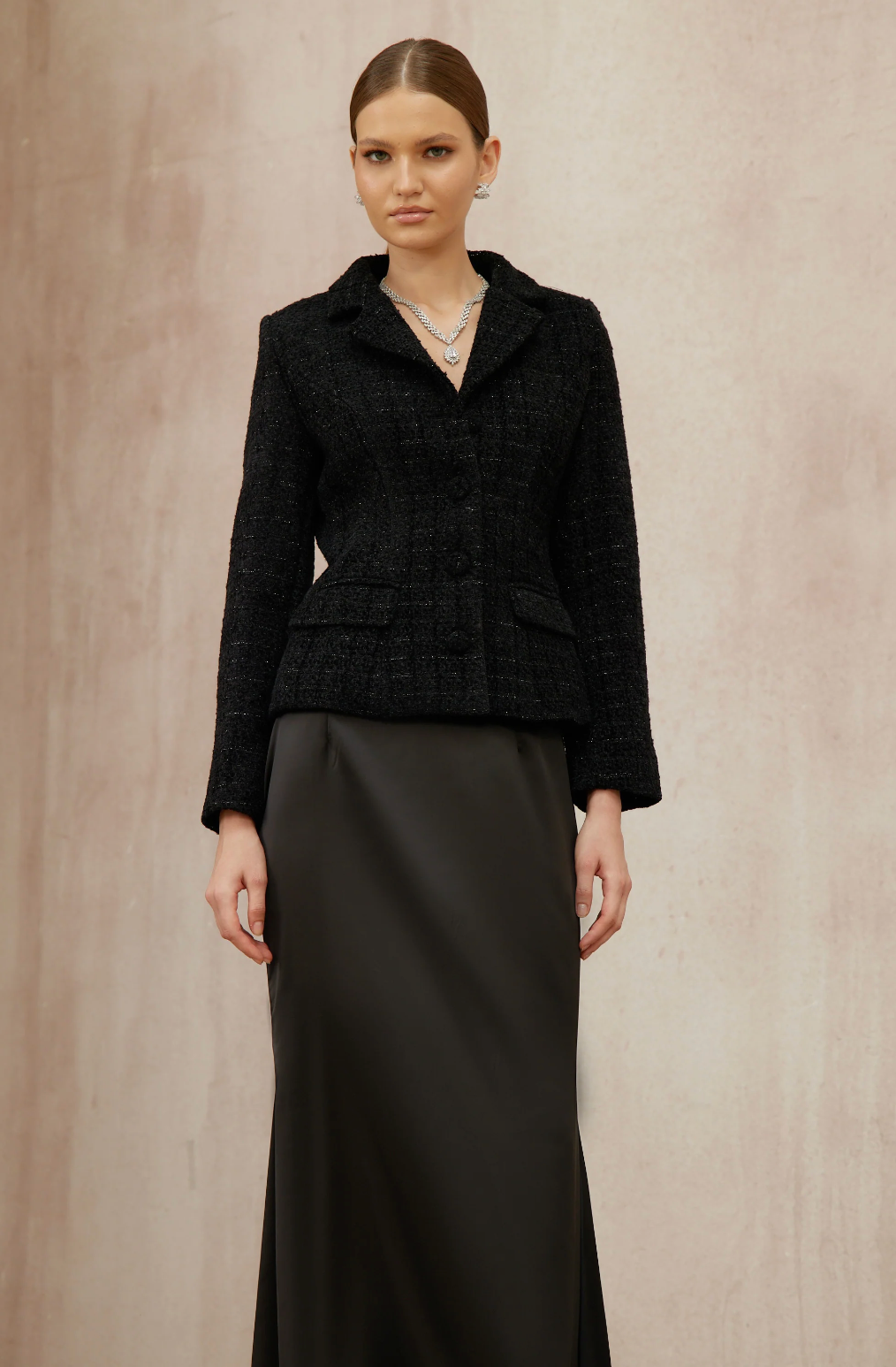 Monica Black Tweed Jacket & Satin Skirt Set