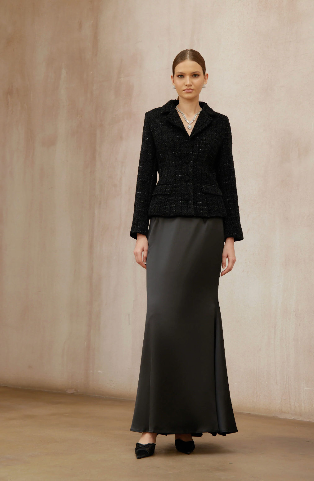 Monica Black Tweed Jacket & Satin Skirt Set